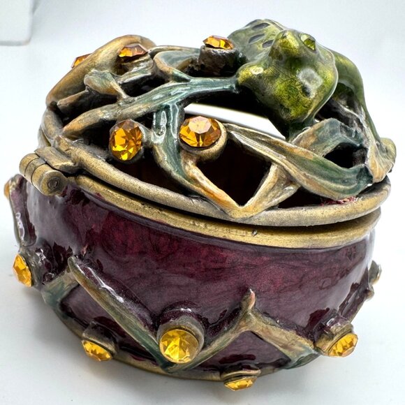 Frog Jeweled Trinket Box Burgundy Hinged Lid Yellow Gem Accents Magnetic - Picture 7 of 8